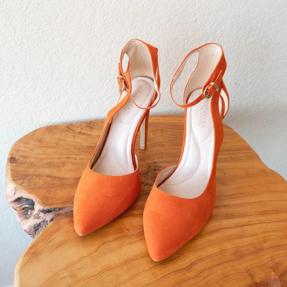 Eva Mendes Orange Suede Ankle Strap Heels | Size 9M Pointed Toe Stilettos - Picture 1 of 6